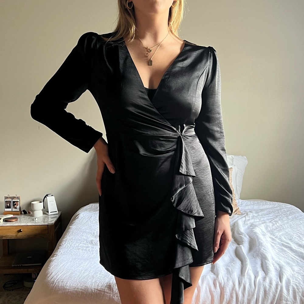 Black Mini Long Sleeve Wrap Dress